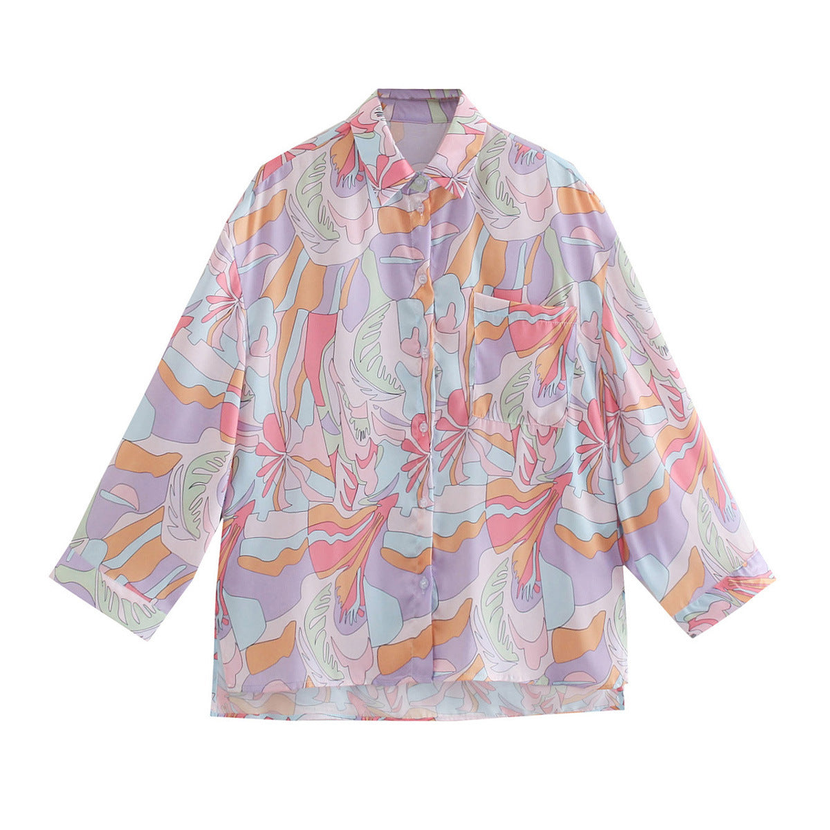 Women Oversize Shirt Blouse with Abstract Allover Print, Lightweight Chiffon Top, Long Sleeves Fashion Glam
