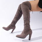 Women's Over-the-Knee Boots made of Suede with High Block Heel and Side Zipper Fashion Glam