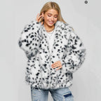 Women Short Hooded Faux Fur Jacket with Boxy Silhouette and Polka Dot Shaggy Texture Fashion Glam