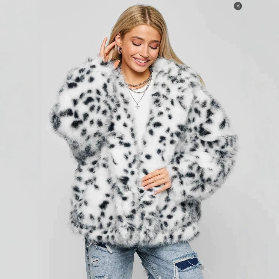 Women Short Hooded Faux Fur Jacket with Boxy Silhouette and Polka Dot Shaggy Texture Fashion Glam