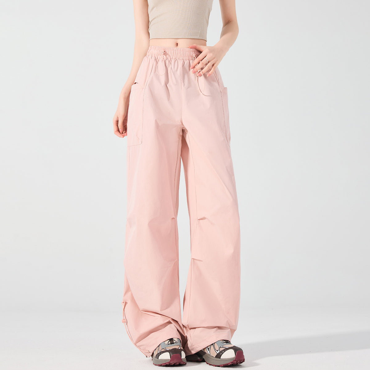 Women's Wide Technical Cargo Pants with Drawstring Waistband, Adjustable Hem, and Multifunctional Pockets Fashion Glam