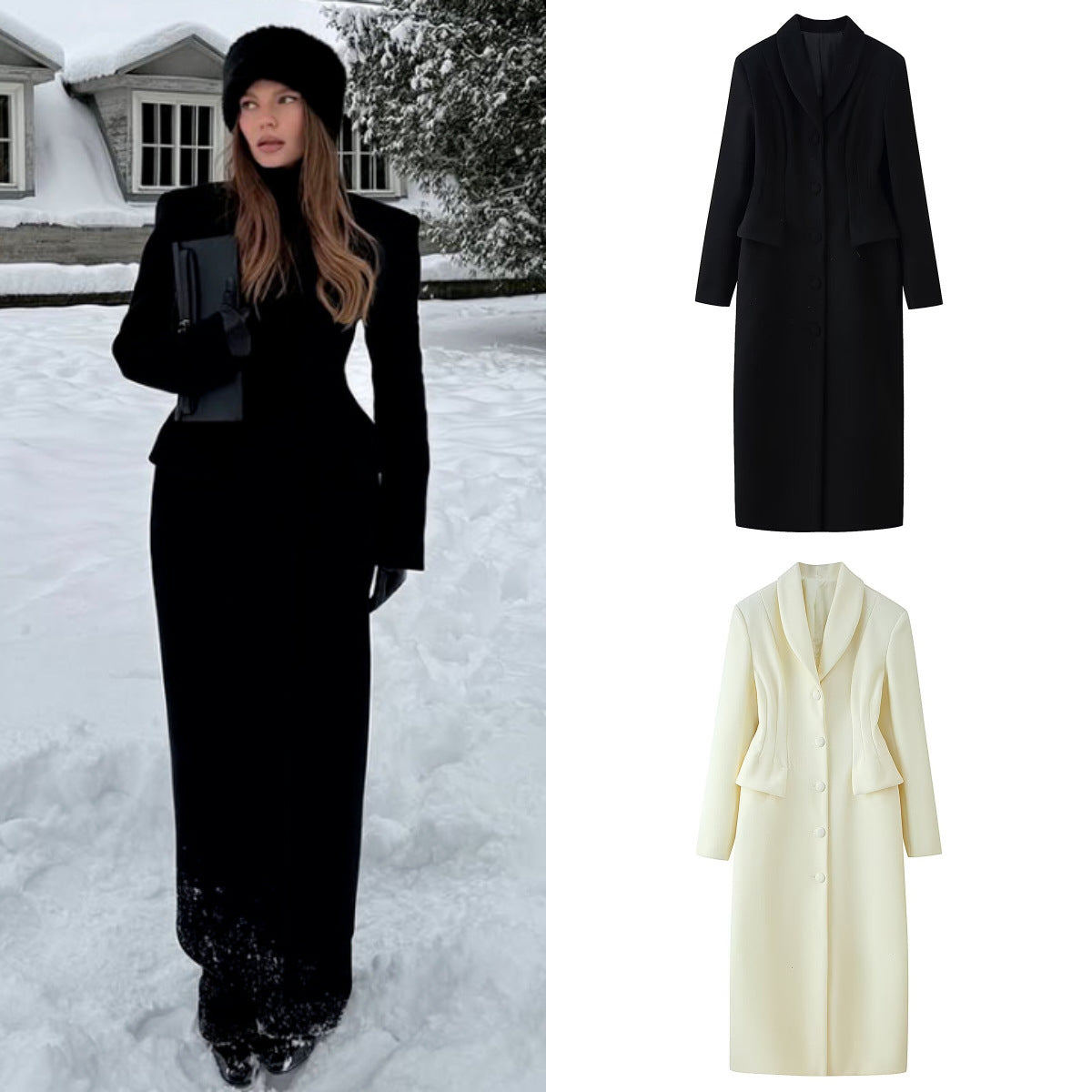 Women's tailored long coat with shawl collar and peplum waist Fashion Glam