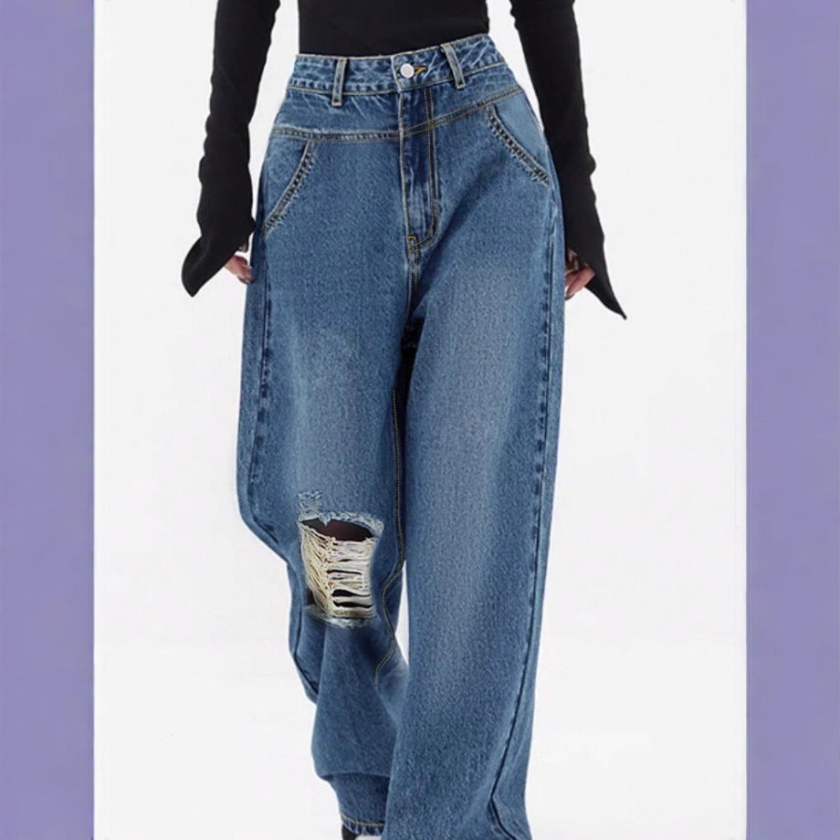 Women high-waisted oversized baggy jeans with knee rip and wide leg Fashion Glam