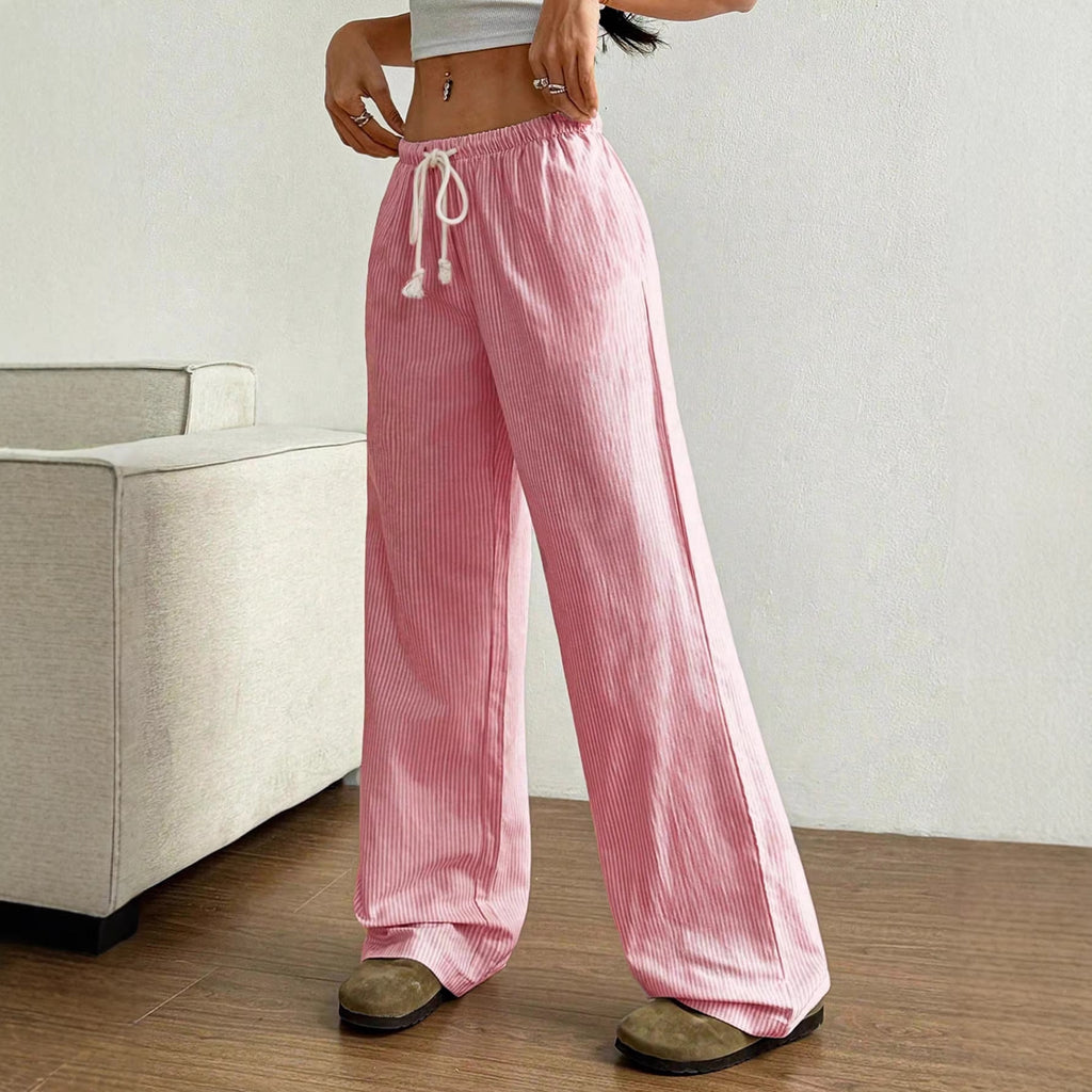 Ladies Wide Leisure Pants with Drawstring, Elastic Waistband and Fine Stripe Texture Fashion Glam