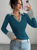 Ladies fine knit sweater with integrated shirt collar and striped cuffs Fashion Glam