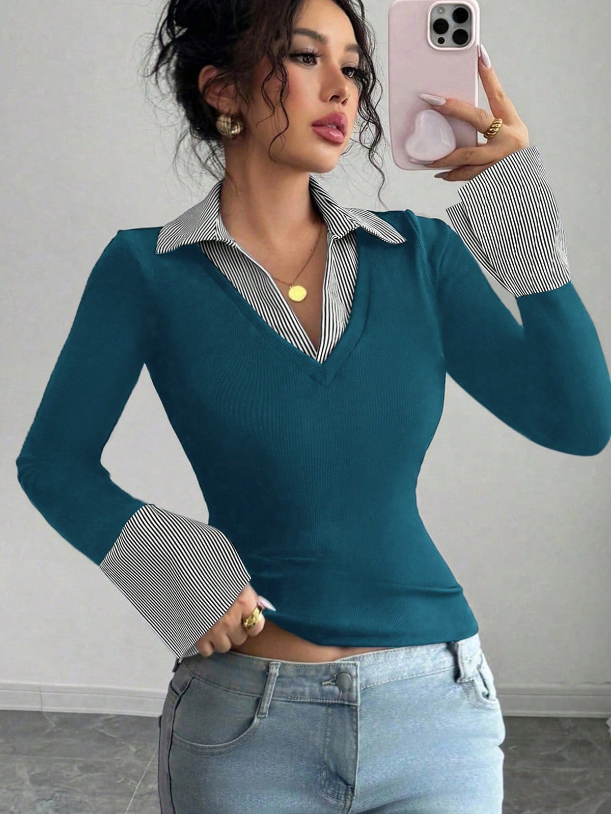 Ladies fine knit sweater with integrated shirt collar and striped cuffs Fashion Glam