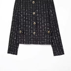 Women's short bouclé tweed jacket with stand-up collar, decorative buttons and patch pockets Fashion Glam