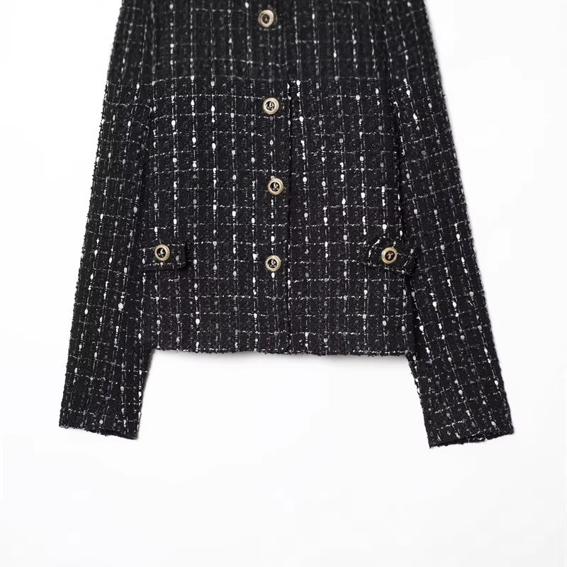 Women's short bouclé tweed jacket with stand-up collar, decorative buttons and patch pockets Fashion Glam