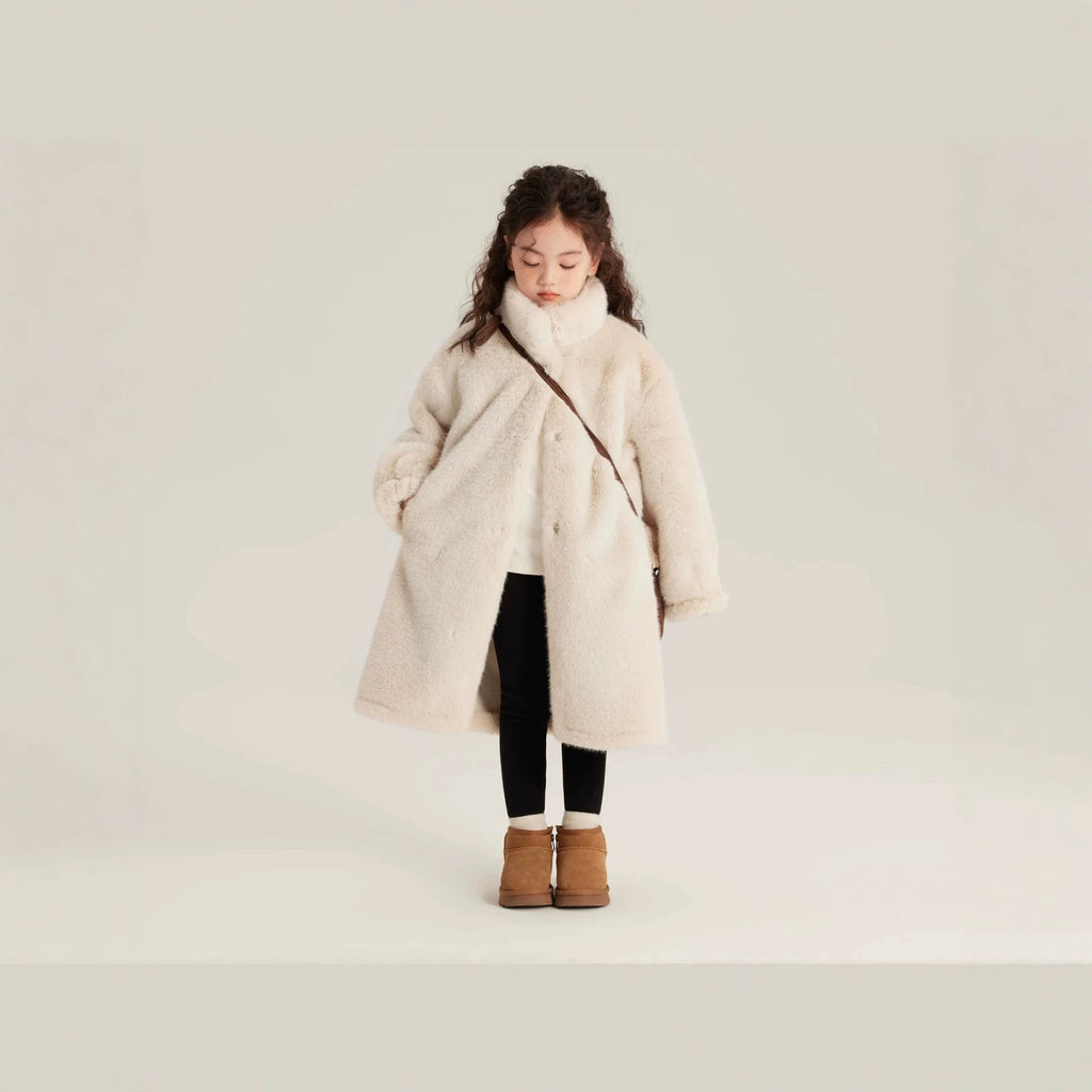 Ladies Cozy Faux Fur Coat with High Stand-Up Collar and Straight Cut Fashion Glam