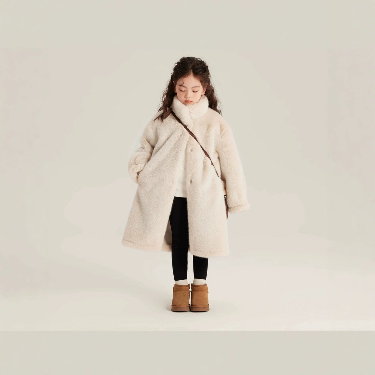Ladies Cozy Faux Fur Coat with High Stand-Up Collar and Straight Cut Fashion Glam