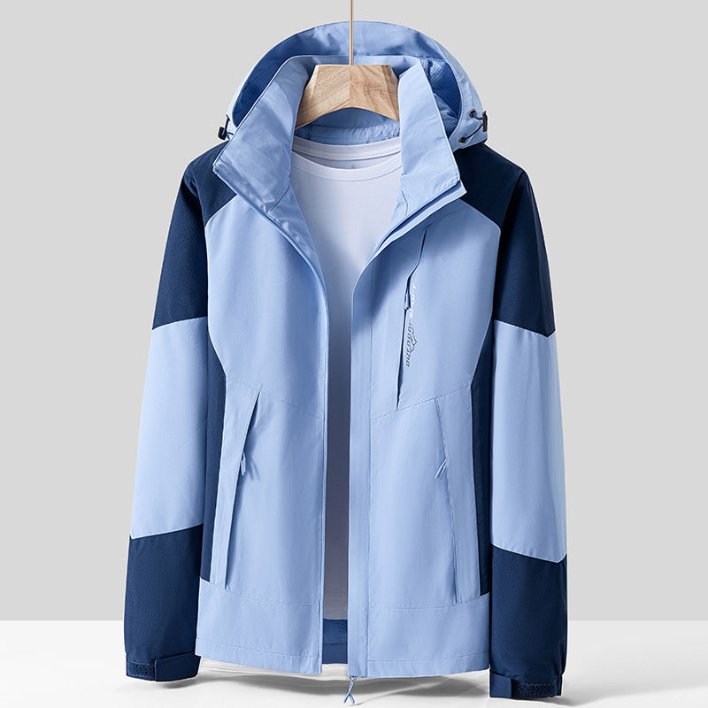 Unisex Breathable Softshell Outdoor Jacket in Colorblock Design with Adjustable Hood and Concealed Two-Way Zipper Fashion Glam