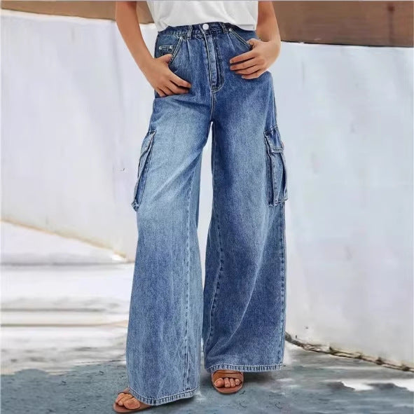 Women's high-waisted wide cargo denim pants in palazzo style with patch side pockets Fashion Glam