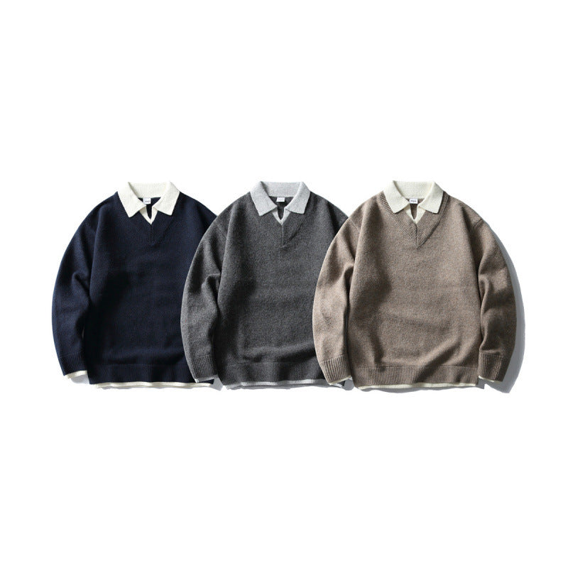 Unisex Oversize Knit Sweater with Contrast Polo Collar and V-Neck Fashion Glam