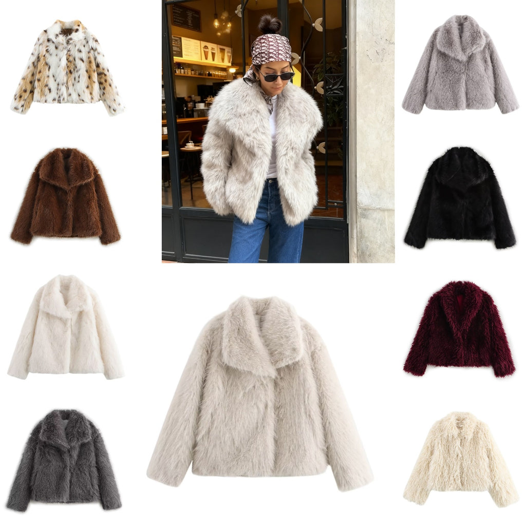 Women short cut boxy faux fur coat with shawl collar Fashion Glam