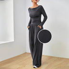 Women’s loungewear set made of softly falling jersey with a boat neckline, fitted long sleeve, and wide palazzo pants Fashion Glam