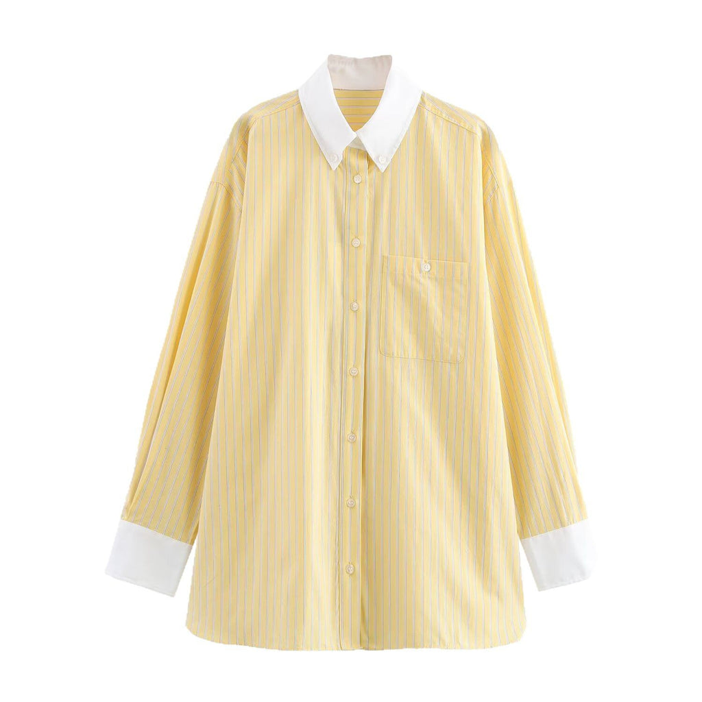 Women Oversized Shirt Blouse with Contrast Collar and Cuffs Fashion Glam