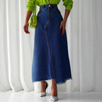 Ladies High-Waisted Maxi Denim Skirt with Asymmetrical Front Seam and Frayed Hem Fashion Glam