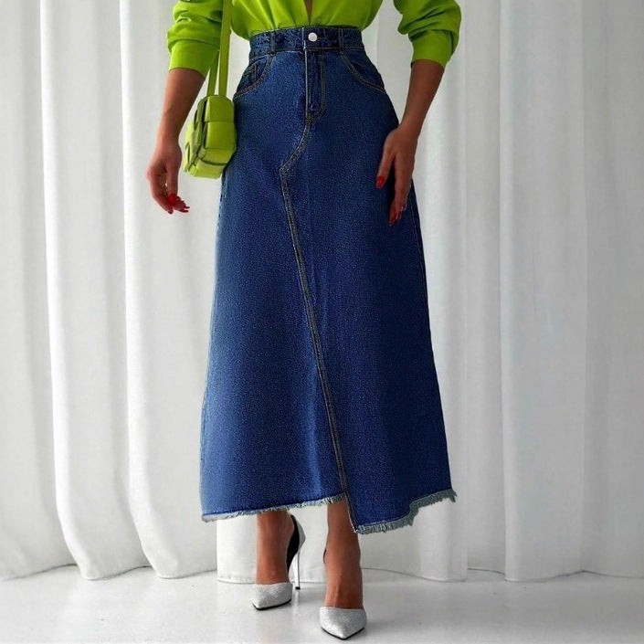 Ladies High-Waisted Maxi Denim Skirt with Asymmetrical Front Seam and Frayed Hem Fashion Glam