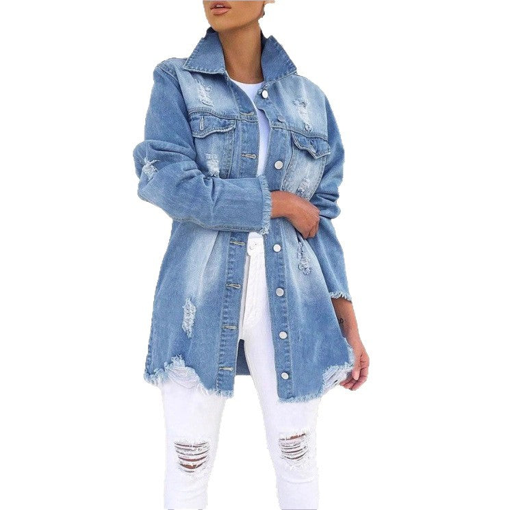 Women's Oversized Denim Jacket with Destroyed Details, Longer Cut and Frayed Hem Fashion Glam