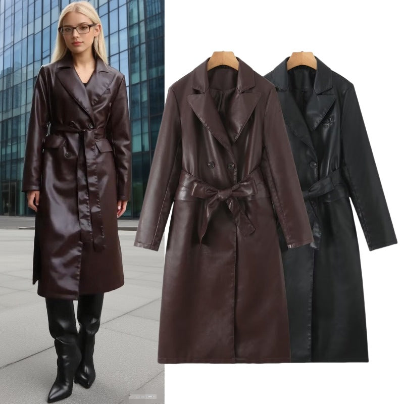 Women's longer tailored coat in leather look with tie belt and lapel collar Fashion Glam