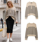 Women's Striped Fine Knit Henley Sweater with Dropped Shoulder and Ribbed Hem Fashion Glam