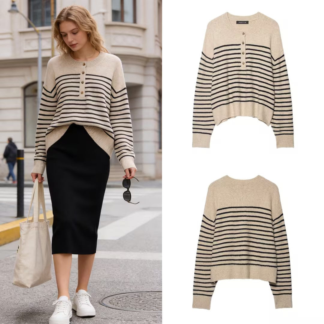 Women's Striped Fine Knit Henley Sweater with Dropped Shoulder and Ribbed Hem Fashion Glam