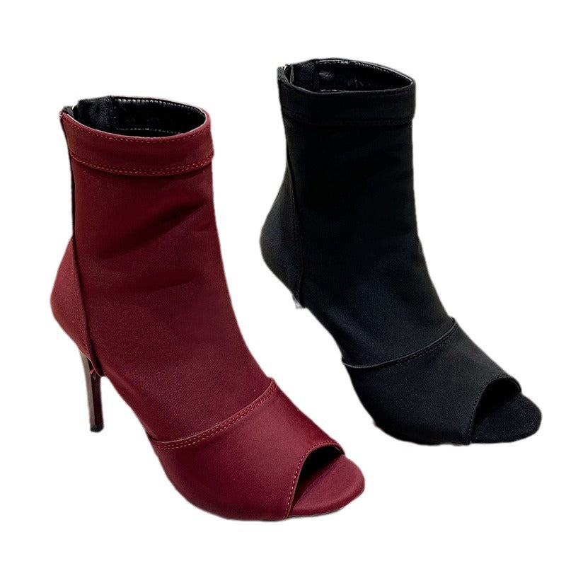 Women's Open Toe Ankle Boots with Stretch Shaft and Slim Stiletto Heel Fashion Glam