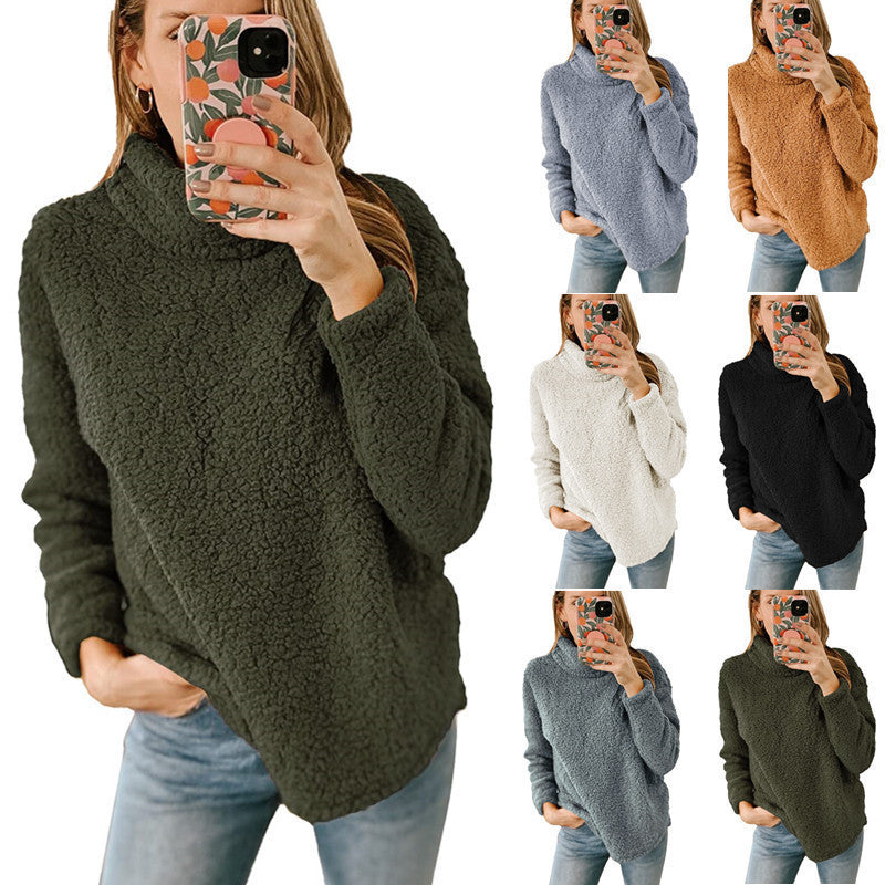 Women's Cozy Oversized Teddy Sweater with Stand-Up Collar and Curved Hem Fashion Glam