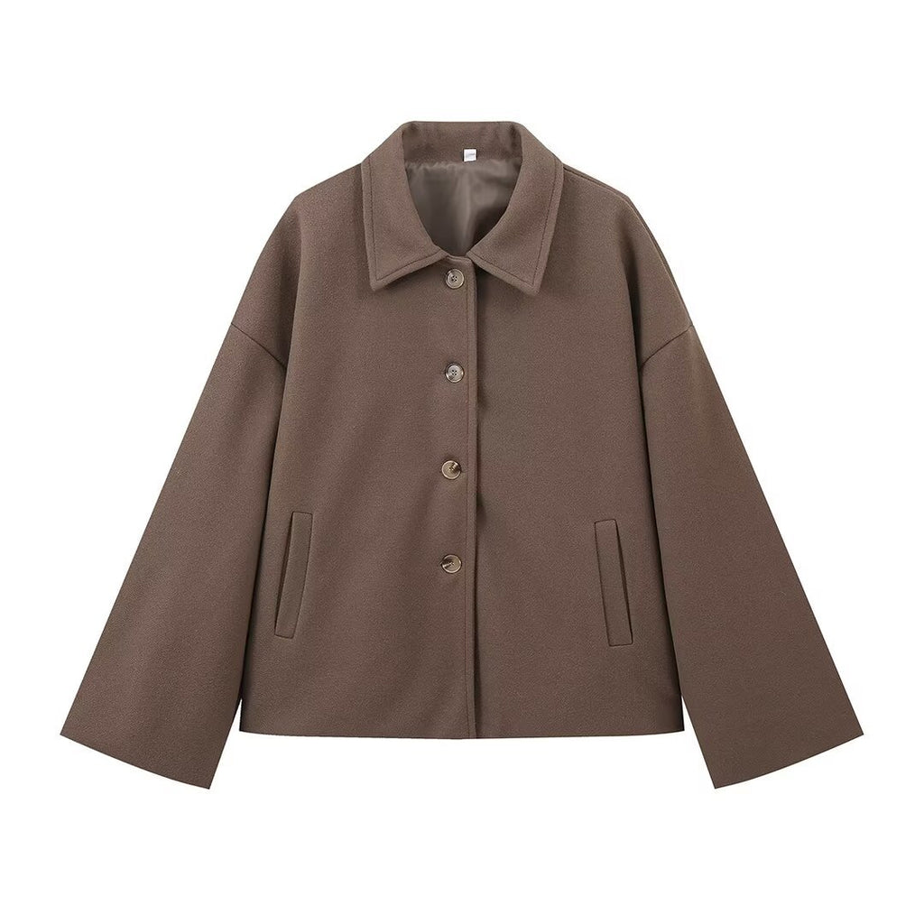 Ladies short jacket in boxy cut made of wool blend with shirt collar and concealed button placket Fashion Glam