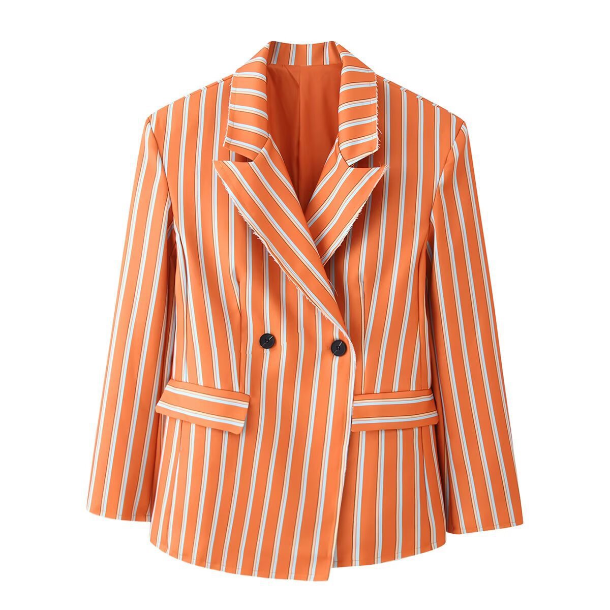 Women's double-breasted blazer with vertical stripe pattern and frayed lapel Fashion Glam
