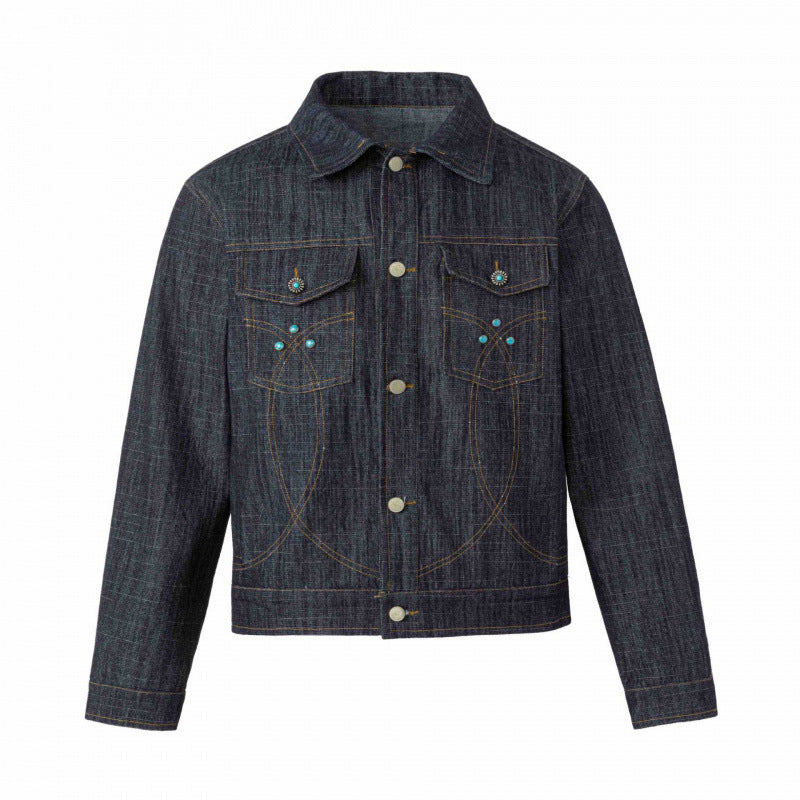 Unisex Short Cut Boxy Denim Jacket with Decorative Stitching and Turquoise Studs Fashion Glam