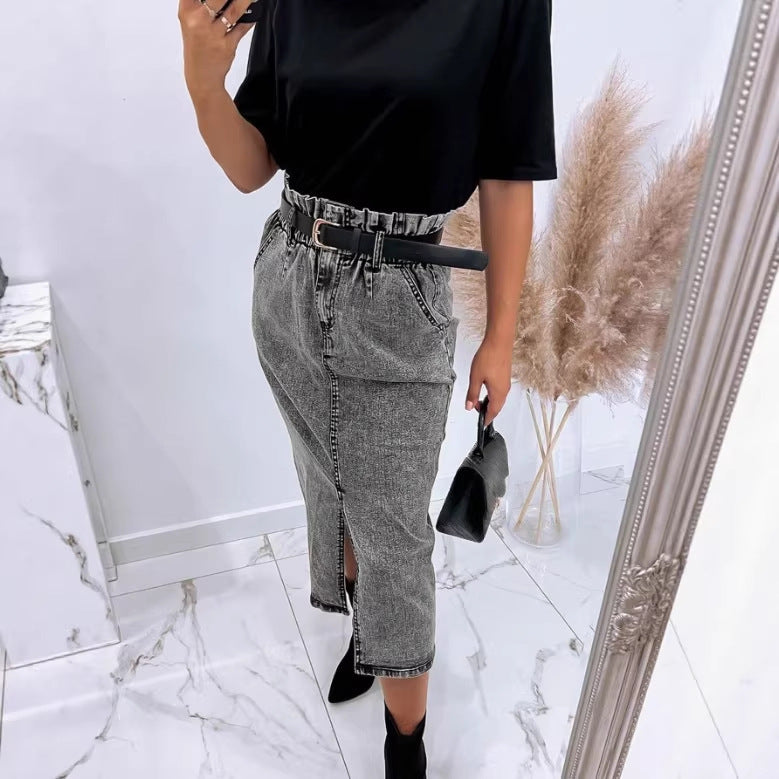 Women's High-Waisted Paperbag Denim Midi Skirt with Front Slit and Tied Belt Fashion Glam