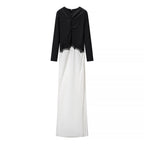 Women's maxi dress with contrasted top, lace insert and long sleeves Fashion Glam