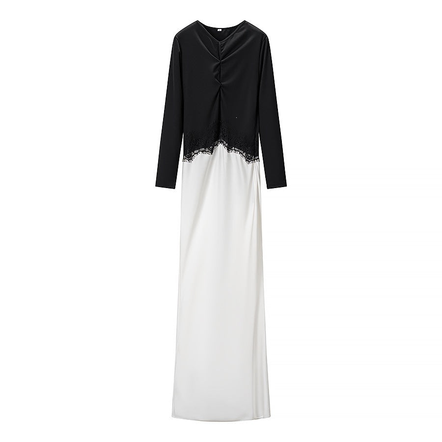 Women's maxi dress with contrasted top, lace insert and long sleeves Fashion Glam
