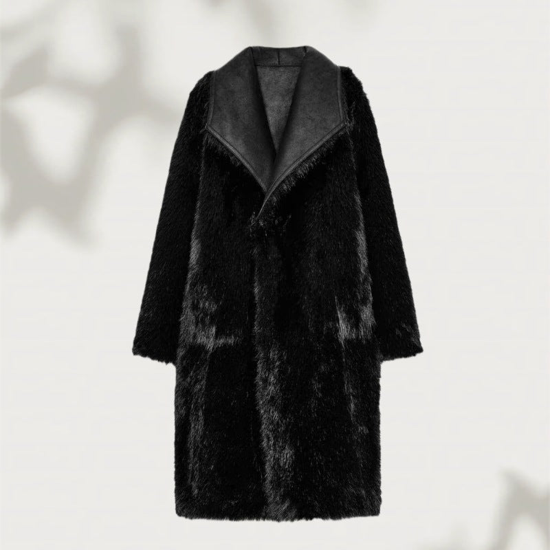 Women's Long Faux Fur Shearling Coat with Oversized Shawl Collar and Patch Pockets Fashion Glam