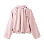 Women's Cropped Bomber Jacket with Shirt Collar, Zipper and Gathered Hem Fashion Glam