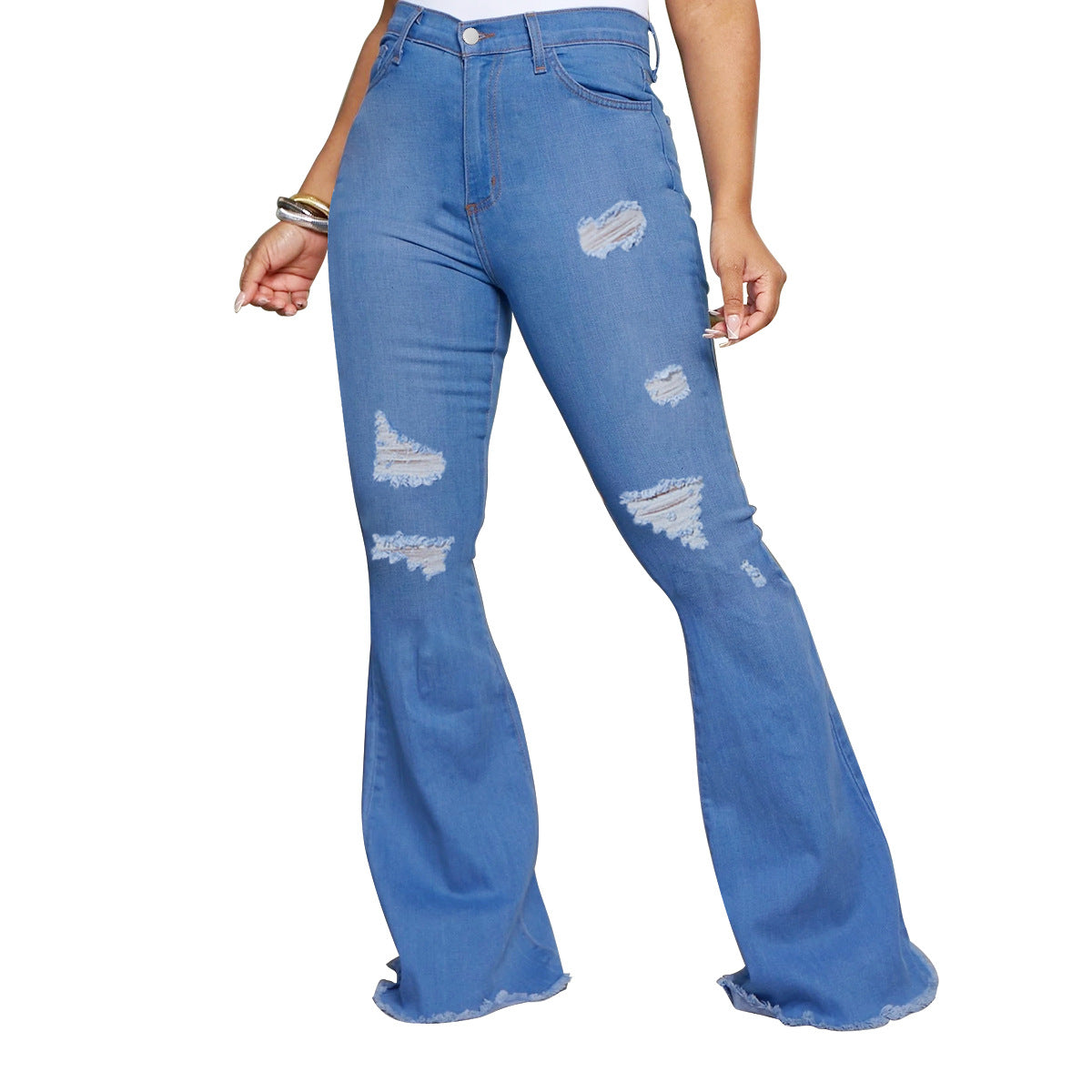 Ladies' waist-fitting flared jeans with ripped inserts and raw hem Fashion Glam