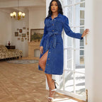 Women's Midi Denim Shirt Dress with Tailored Tie Belt, Button Placket & Flap Pockets Fashion Glam