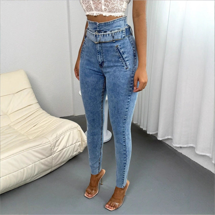Women's High-Waisted Slim-Skinny Jeans with D-Ring Belt and Diagonal Slip Pockets Fashion Glam