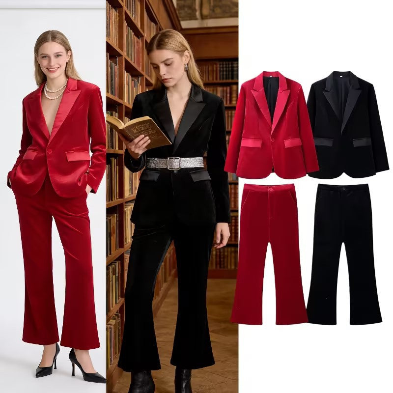 Women's Velvet Blazer with Satin Lapels and Tailored Darts Fashion Glam