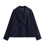 Women's Short Cut Double-Breasted Wool Blend Coat with Oversized Lapel Fashion Glam