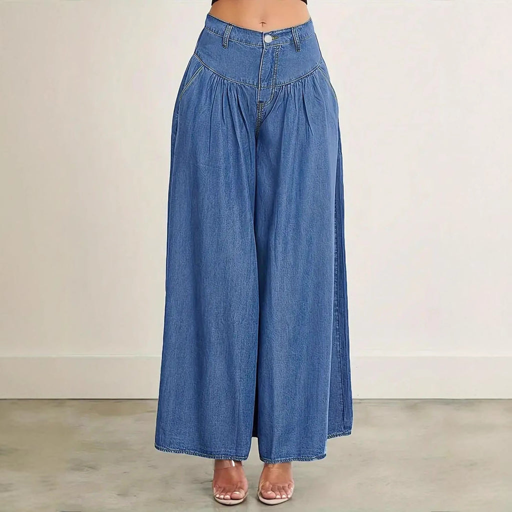 Women High-Waisted Denim Palazzo Pants with Gathered Box Pleat and Extra Wide Leg Fashion Glam