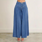 Women High-Waisted Denim Palazzo Pants with Gathered Box Pleat and Extra Wide Leg Fashion Glam