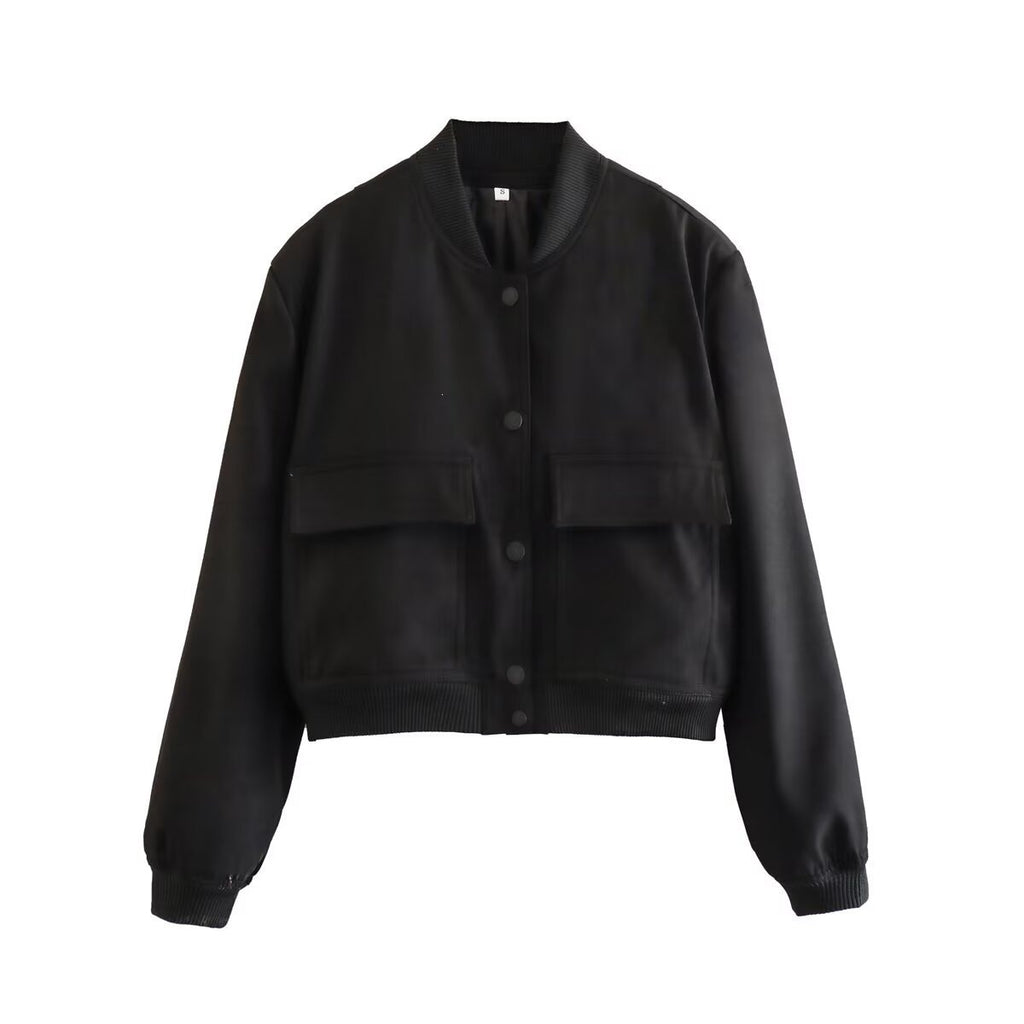 Women Short Cut Utility Bomber Jacket with Large Flap Pockets and Ribbed Cuffs Fashion Glam