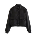 Women Short Cut Utility Bomber Jacket with Large Flap Pockets and Ribbed Cuffs Fashion Glam