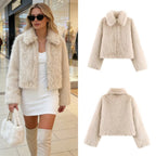 Ladies Short Fluffy Faux Fur Jacket with Lapel Collar and Straight Hem Fashion Glam