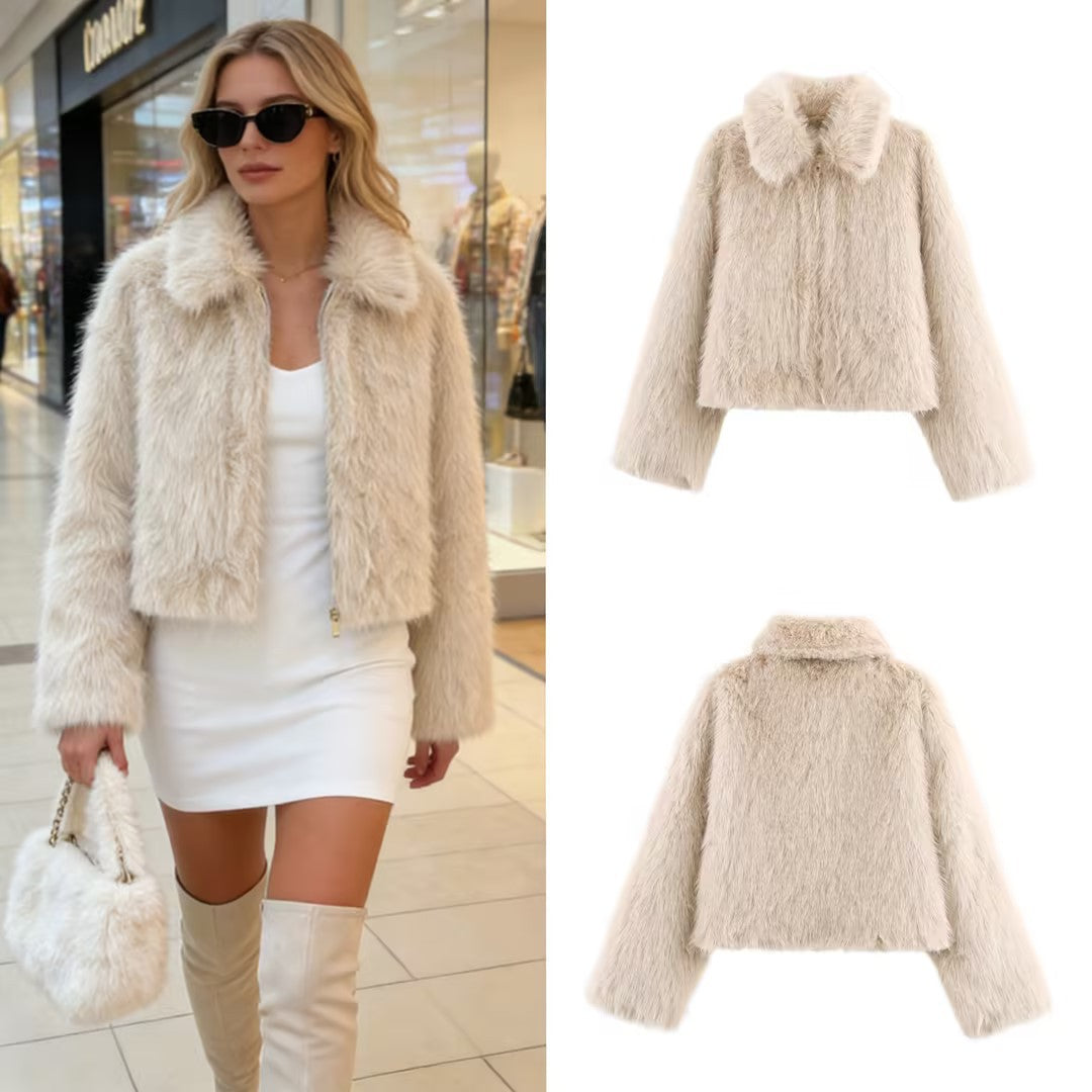 Ladies Short Fluffy Faux Fur Jacket with Lapel Collar and Straight Hem Fashion Glam
