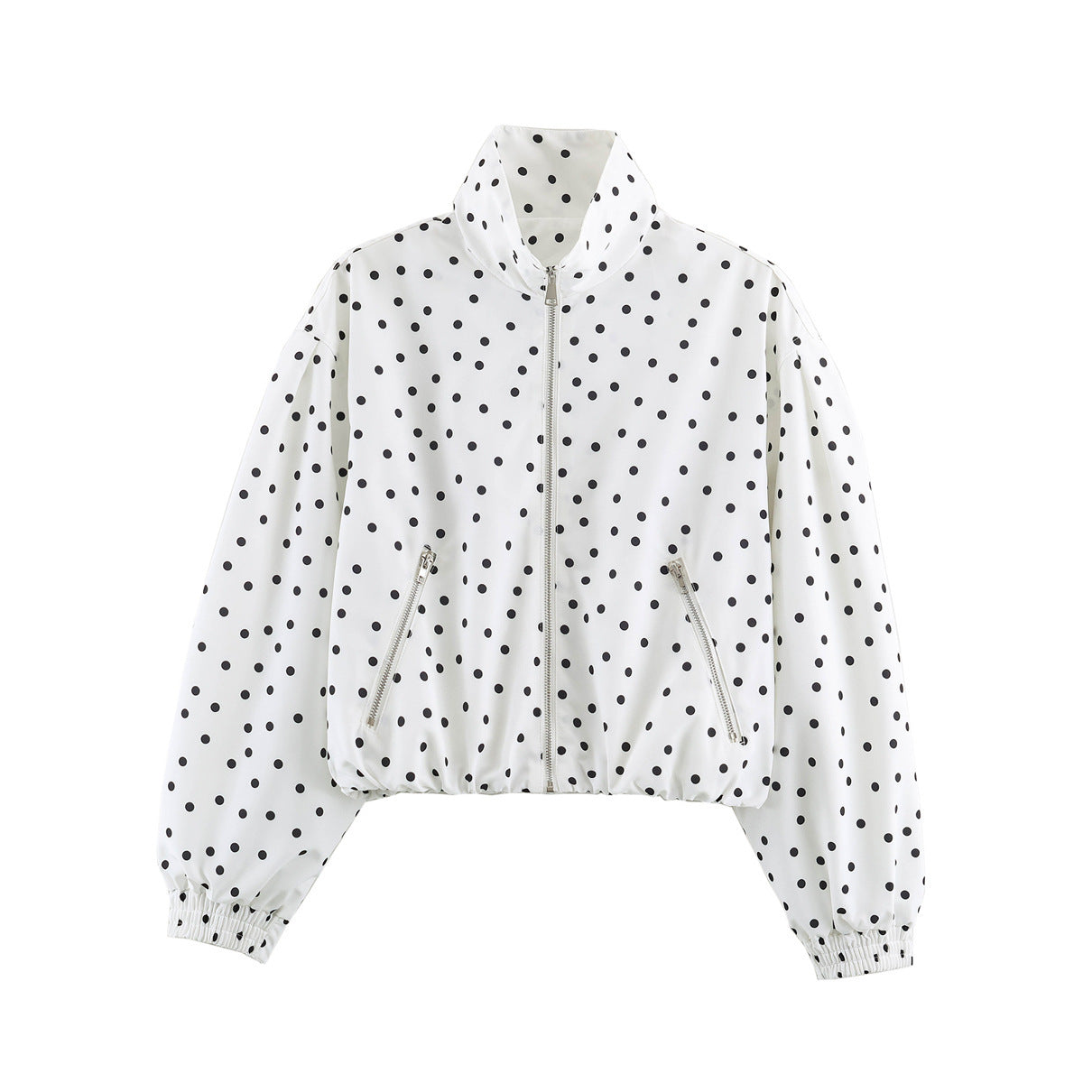 Women Cropped Dotted Bomber Jacket with High Stand Collar, Zipper Pockets, and Elastic Hem Fashion Glam