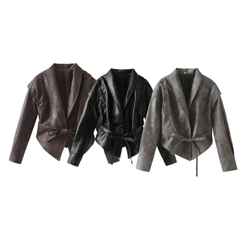 Women's short jacket in suede look with shawl collar, lacing details and waist belt Fashion Glam