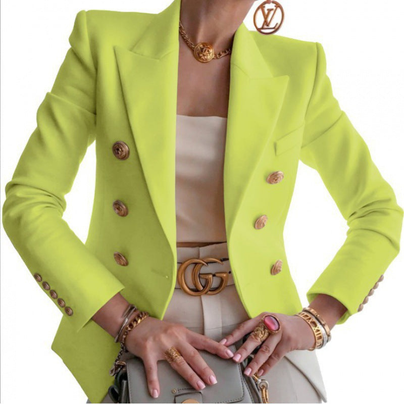 Women's tailored double-breasted blazer with structured shoulders and decorative buttons Fashion Glam